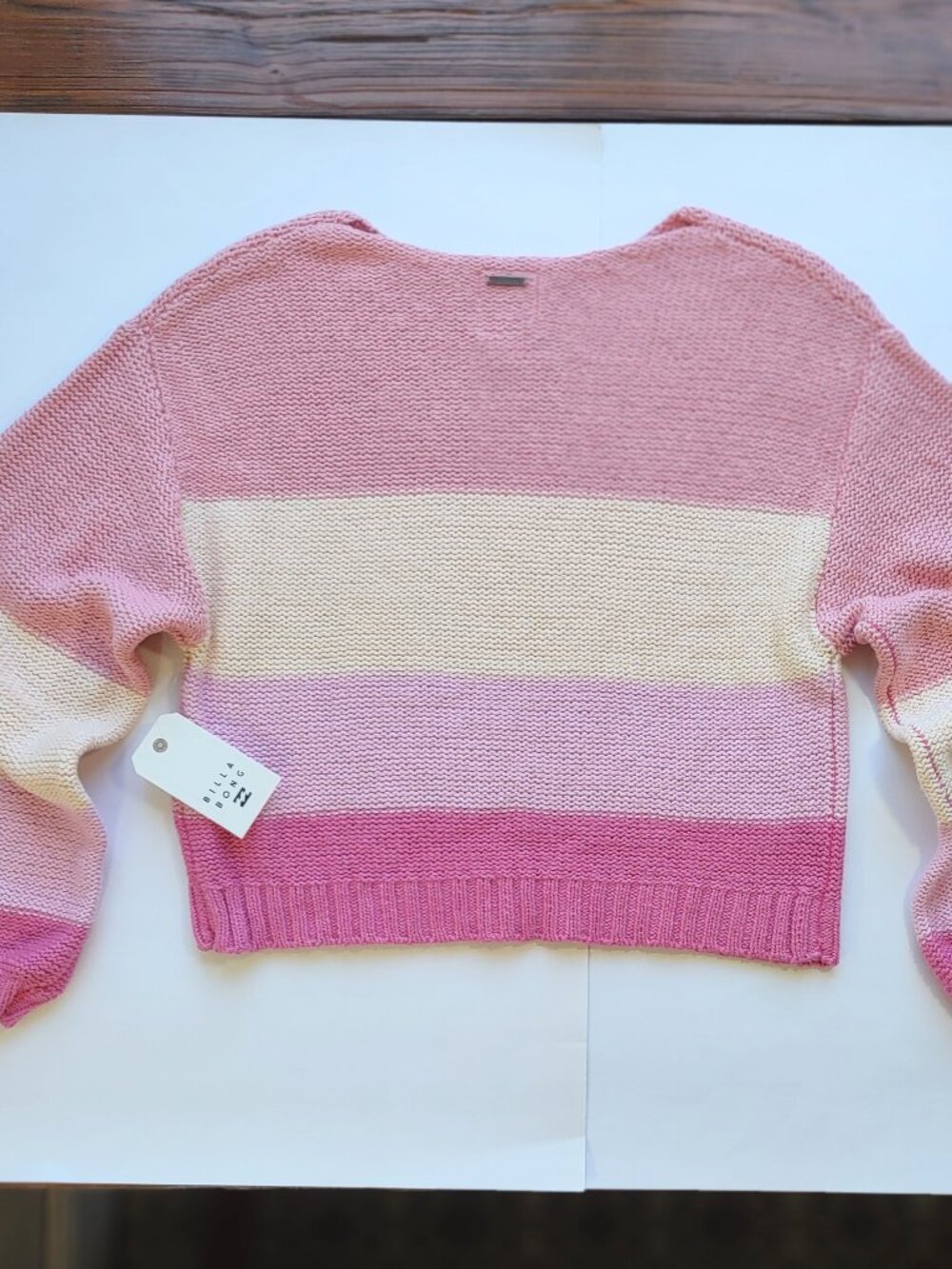 NWT Billabong Seeing Stripes Cotton Sweater Sz Medium Pink Slouchy Crop Pullover - Picture 6 of 11